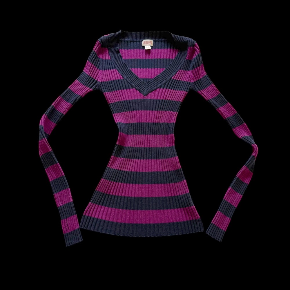 Y2K Mossimo Supply Co Purple Navy Blue Striped Ribbed V-Neck Sweater Sz L